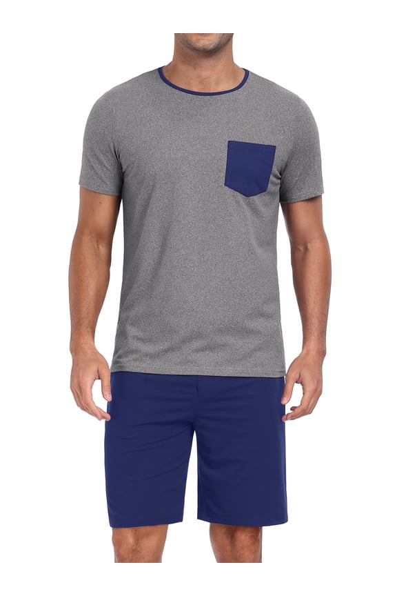Men's Pajama Sets 2 piece Sets Crew Neck Shorts Sleeve and Shorts with Pocket Pjs Sleepwear Set Navy Blue L