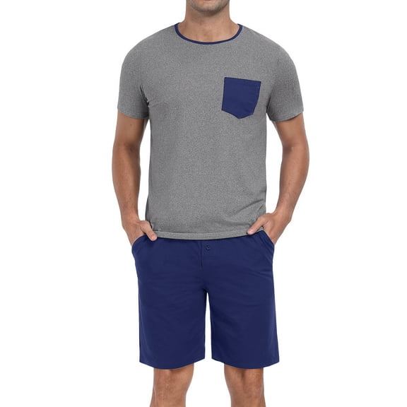GIRUNS Men's Pajama Sets 2 piece Sets Crew Neck Shorts Sleeve and Shorts with Pocket Pjs Sleepwear Set Navy Blue L