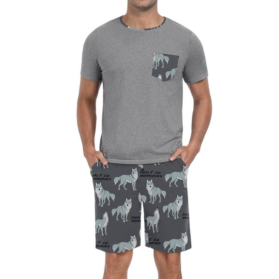 GIRUNS Men's Pajama Sets 2 piece Sets Crew Neck Shorts Sleeve and Shorts with Pocket Pjs Sleepwear Set Wolf L