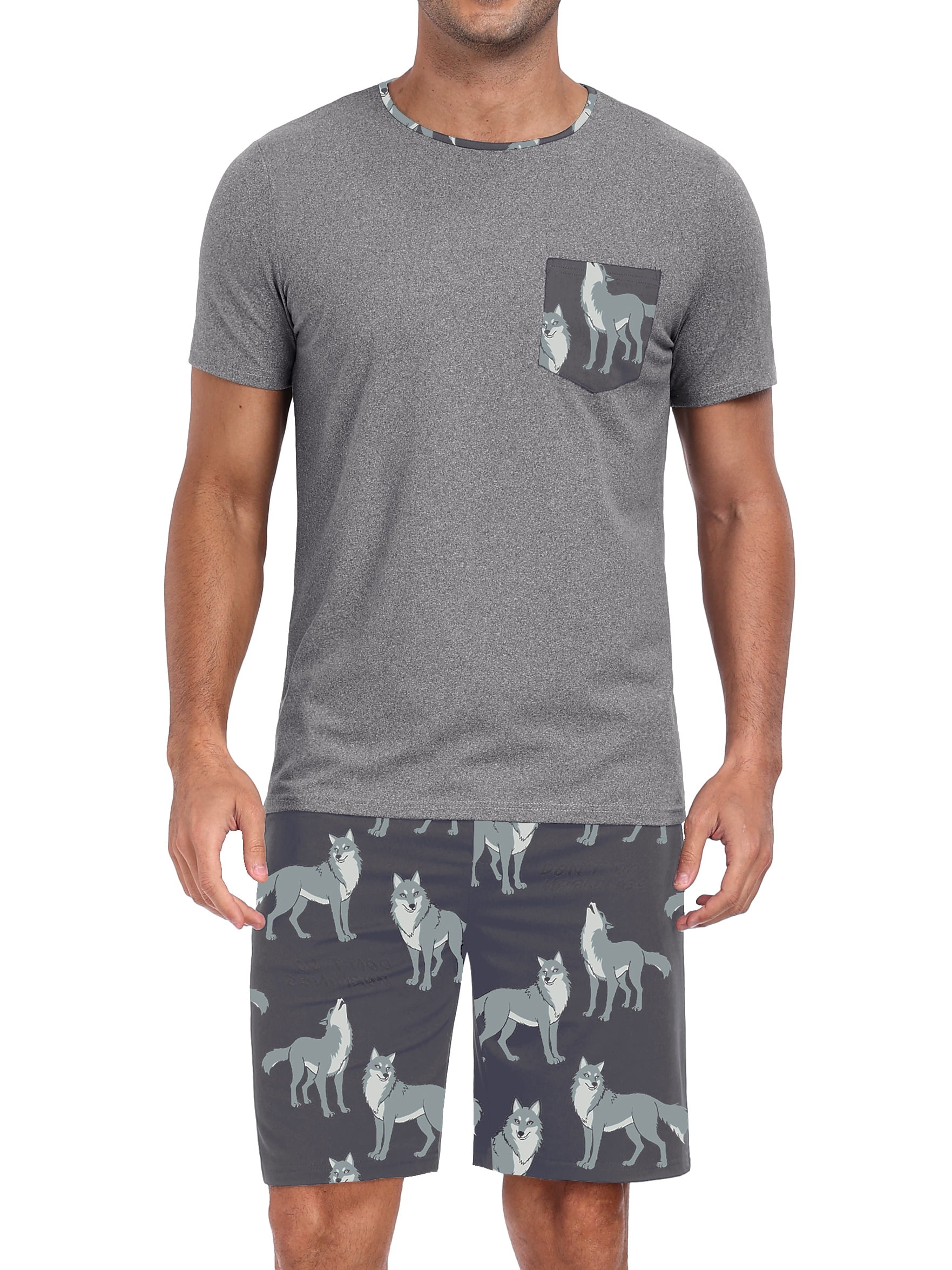 Men's Pajama Sets 2 piece Sets Crew Neck Shorts Sleeve and Shorts with Pocket Pjs Sleepwear Set Wolf L