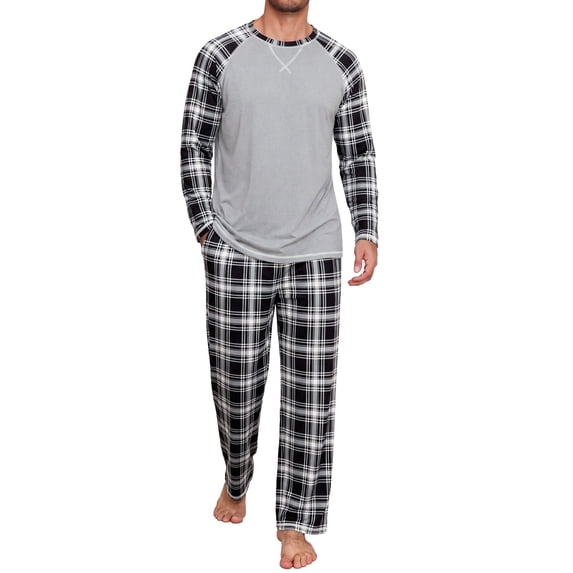 GIRUNS Men's Pajamas Set Long Sleeve Sleepwear Soft Loungewear Pants Pjs Sets with Pockets Black White Plaid 2XL