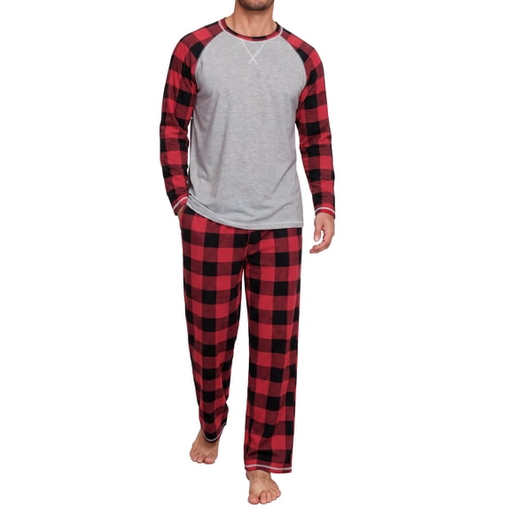 GIRUNS Men's Pajamas Set Long Sleeve Sleepwear Soft Loungewear Pants Pjs Sets with Pockets Red Plaid L