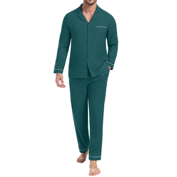GIRUNS Men's Pajamas Set Soft Sleepwear Button Down Long Sleeve and Long Pants with Pocket Loungewear Sets Dark Green 3XL