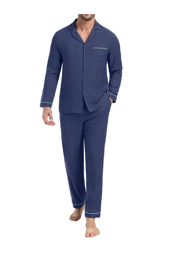 Men's Pajamas Set Soft Sleepwear Button Down Long Sleeve and Long Pants with Pocket Loungewear Sets Navy Blue L