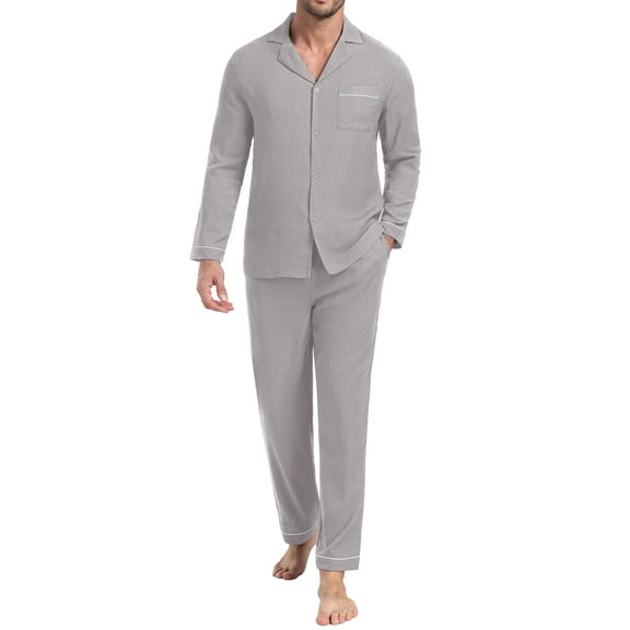 GIRUNS Men's Pajamas Set Soft Sleepwear Button Down Long Sleeve and Long Pants with Pocket Loungewear Sets Silver Gray L