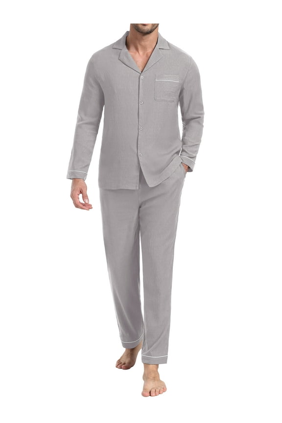 Men's Pajamas Set Soft Sleepwear Button Down Long Sleeve and Long Pants with Pocket Loungewear Sets Silver Gray L