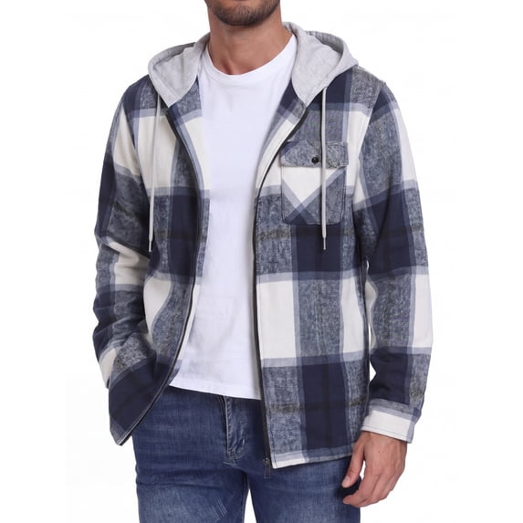 GIRUNS Men's Plaid Flannel Zip Up Hoodie Jacket Lightweight Casual Shirt Jacket Outerwear Coat Beige Blue 2XL