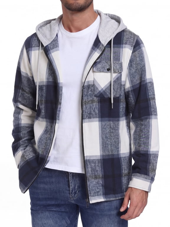 Men's Plaid Flannel Zip Up Hoodie Jacket Lightweight Casual Shirt Jacket Outerwear Coat Beige Blue L