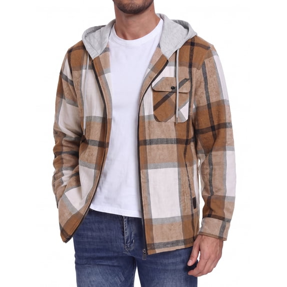 GIRUNS Men's Plaid Flannel Zip Up Hoodie Jacket Lightweight Casual Shirt Jacket Outerwear Coat Beige Brown L