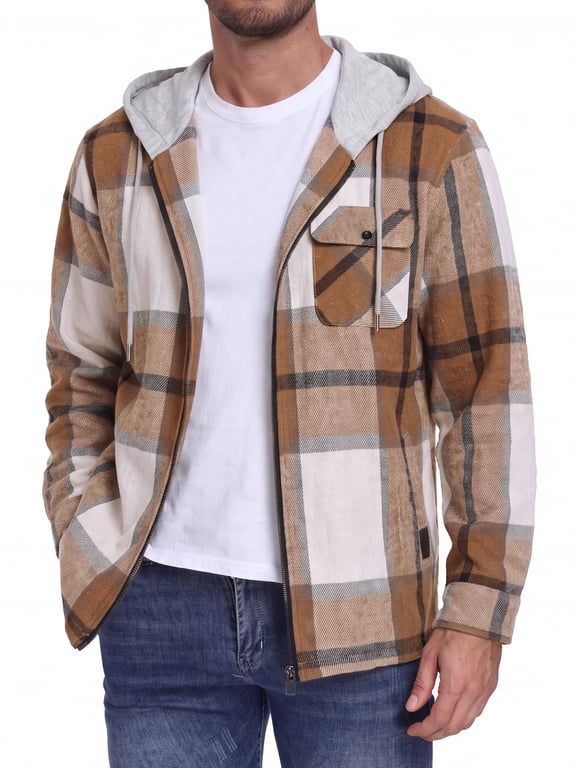 Men's Plaid Flannel Zip Up Hoodie Jacket Lightweight Casual Shirt Jacket Outerwear Coat Beige Brown L