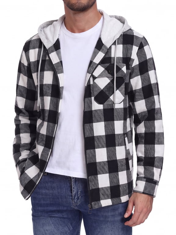 Men's Plaid Flannel Zip Up Hoodie Jacket Lightweight Casual Shirt Jacket Outerwear Coat Black White Plaid L