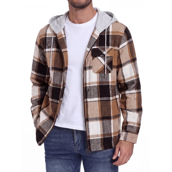 GIRUNS Men's Plaid Flannel Zip Up Hoodie Jacket Lightweight Casual Shirt Jacket Outerwear Coat Camel BN Dark Coffee 2XL