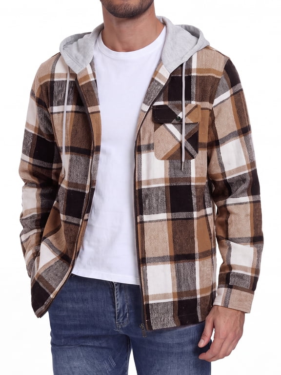 Men's Plaid Flannel Zip Up Hoodie Jacket Lightweight Casual Shirt Jacket Outerwear Coat Camel BN Dark Coffee L