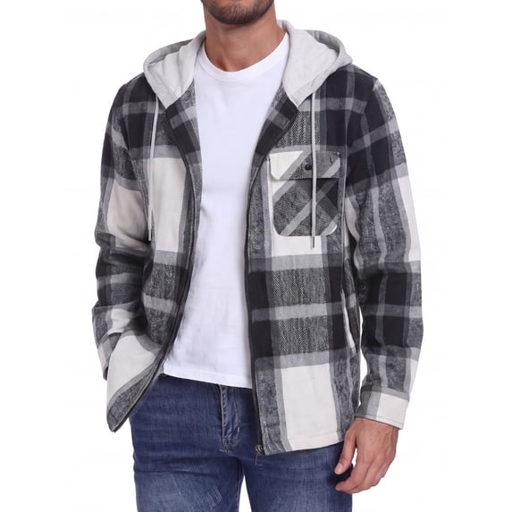 GIRUNS Men's Plaid Flannel Zip Up Hoodie Jacket Lightweight Casual Shirt Jacket Outerwear Coat Charcoal Beige 2XL