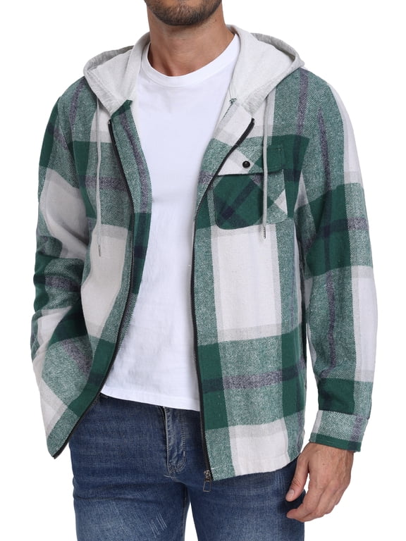 Men's Plaid Flannel Zip Up Hoodie Jacket Lightweight Casual Shirt Jacket Outerwear Coat Forest Green 2XL