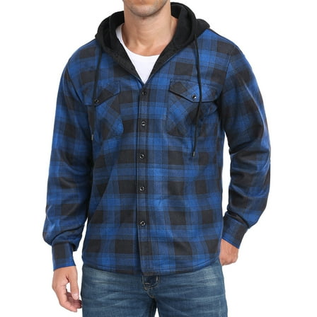 GIRUNS Men's Plaid Shirts Jacket Fleece Flannel Lined Long Sleeve Shirts Sherpa Button Down Coat With Hood Black Blue L