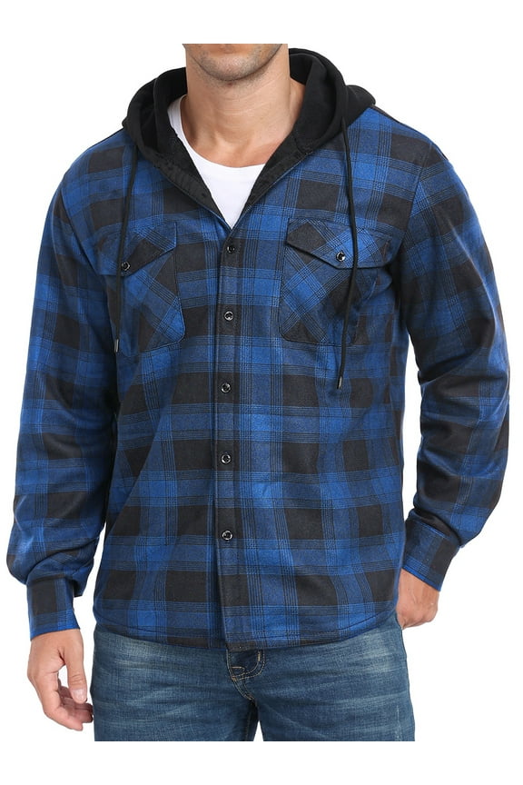 Men's Plaid Shirts Jacket Fleece Flannel Lined Long Sleeve Shirts Sherpa Button Down Coat With Hood Black Blue L