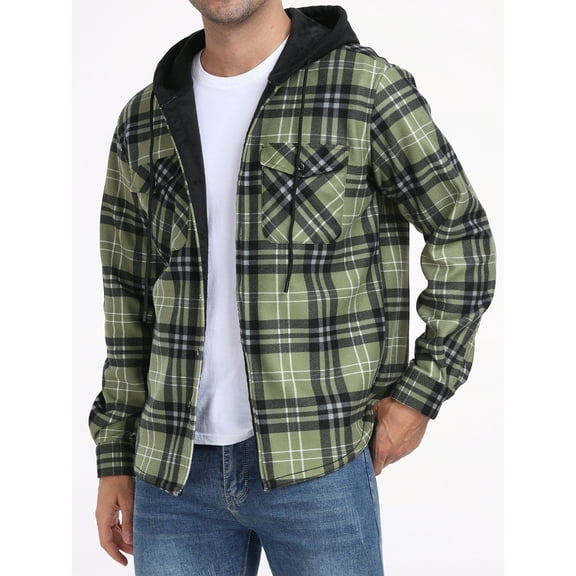 GIRUNS Men's Plaid Shirts Jacket Fleece Flannel Lined Long Sleeve Shirts Sherpa Button Down Coat With Hood Black Light Green 2XL