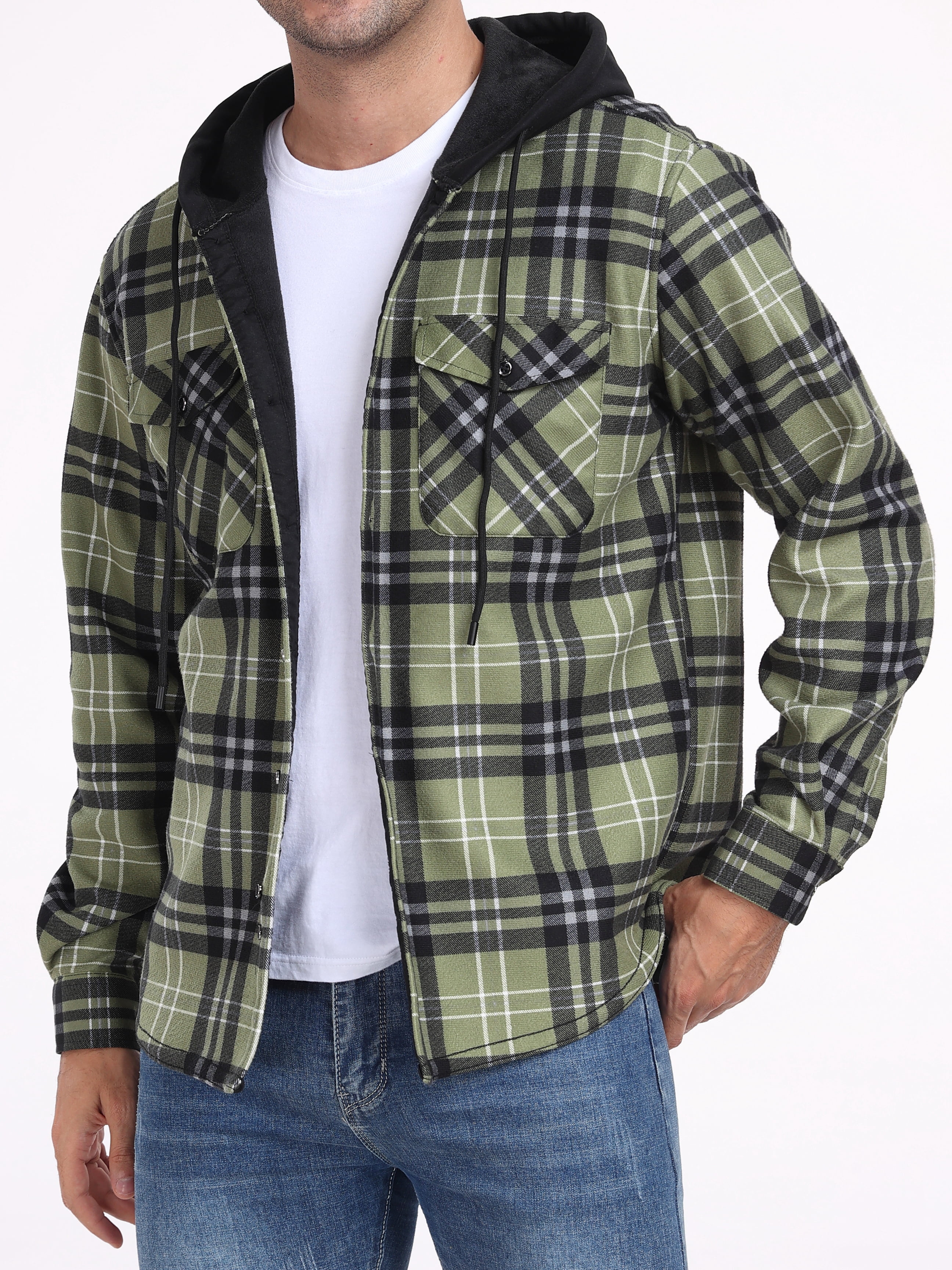Men's Plaid Shirts Jacket Fleece Flannel Lined Long Sleeve Shirts Sherpa Button Down Coat With Hood Black Light Green L