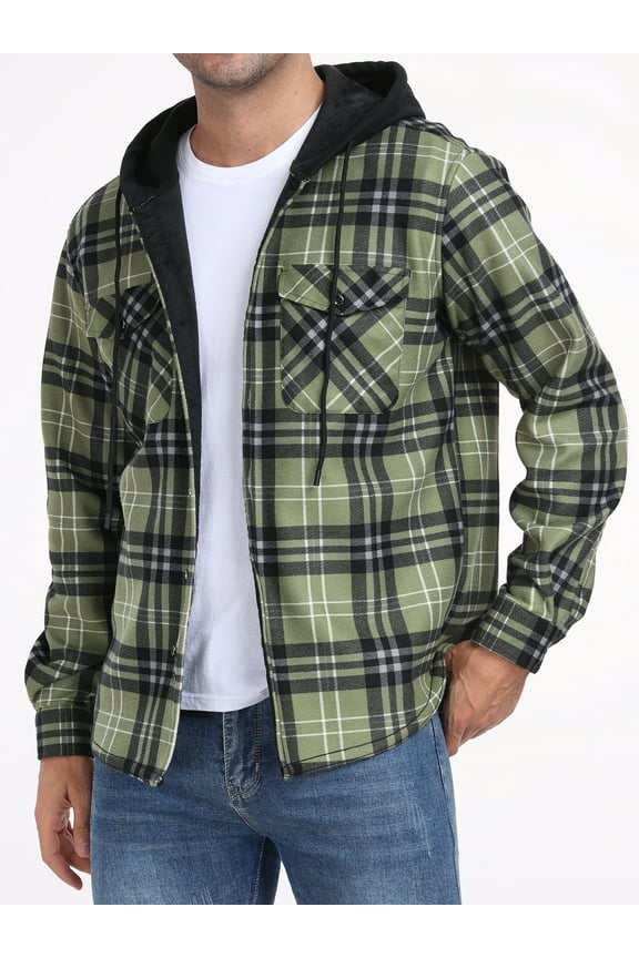 Men's Plaid Shirts Jacket Fleece Flannel Lined Long Sleeve Shirts Sherpa Button Down Coat With Hood Black Light Green L