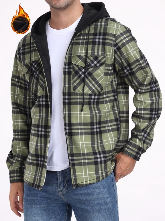 Men's Plaid Shirts Jacket Fleece Flannel Lined Long Sleeve Shirts Sherpa Button Down Coat With Hood Black Light Green L