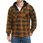 GIRUNS Men's Plaid Shirts Jacket Fleece Flannel Lined Long Sleeve Shirts Sherpa Button Down Coat With Hood Black Orange M