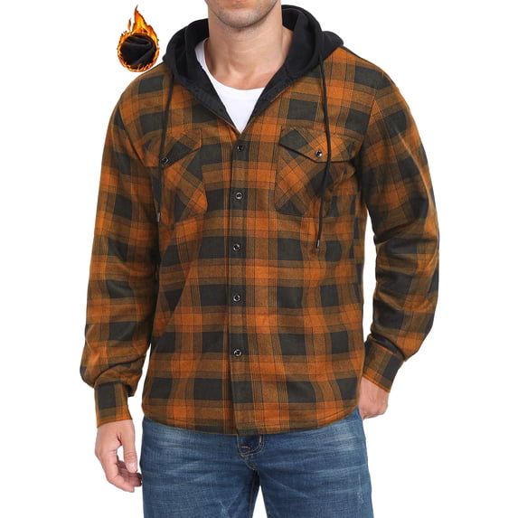 GIRUNS Men's Plaid Shirts Jacket Fleece Flannel Lined Long Sleeve Shirts Sherpa Button Down Coat With Hood Black Orange XL
