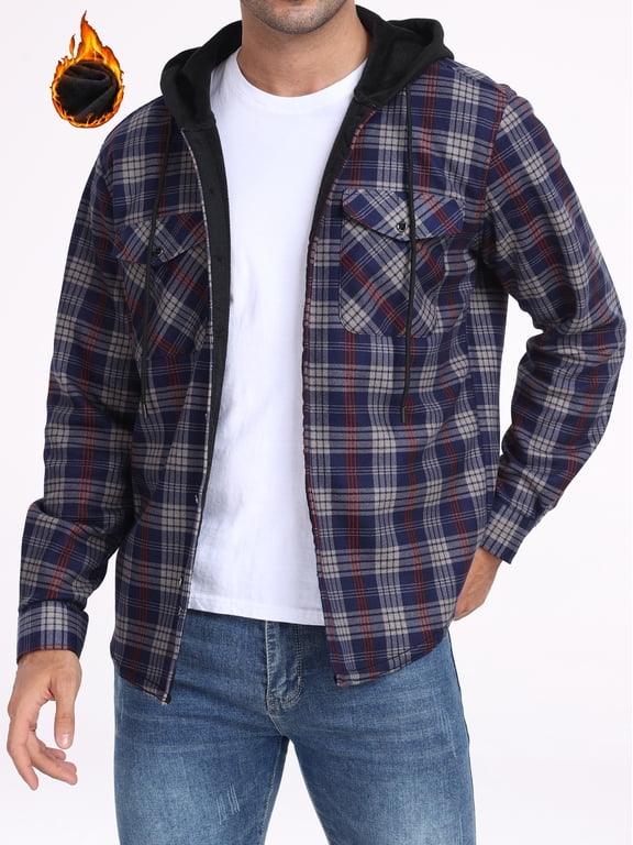 Men's Plaid Shirts Jacket Fleece Flannel Lined Long Sleeve Shirts Sherpa Button Down Coat With Hood Gray Red L