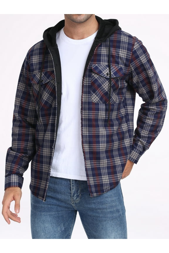 Men's Plaid Shirts Jacket Fleece Flannel Lined Long Sleeve Shirts Sherpa Button Down Coat With Hood Gray Red XL