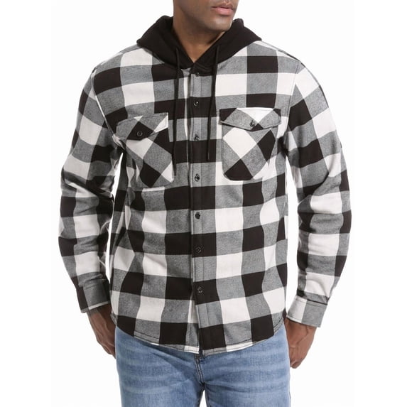 GIRUNS Men's Plaid Shirts Jacket Fleece Flannel Lined Long Sleeve Shirts Sherpa Button Down Coat With Hood Gray White Plaid XL