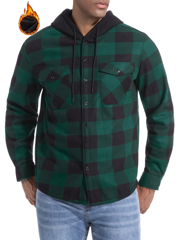 Men's Plaid Shirts Jacket Fleece Flannel Lined Long Sleeve Shirts Sherpa Button Down Coat With Hood Green Plaid L