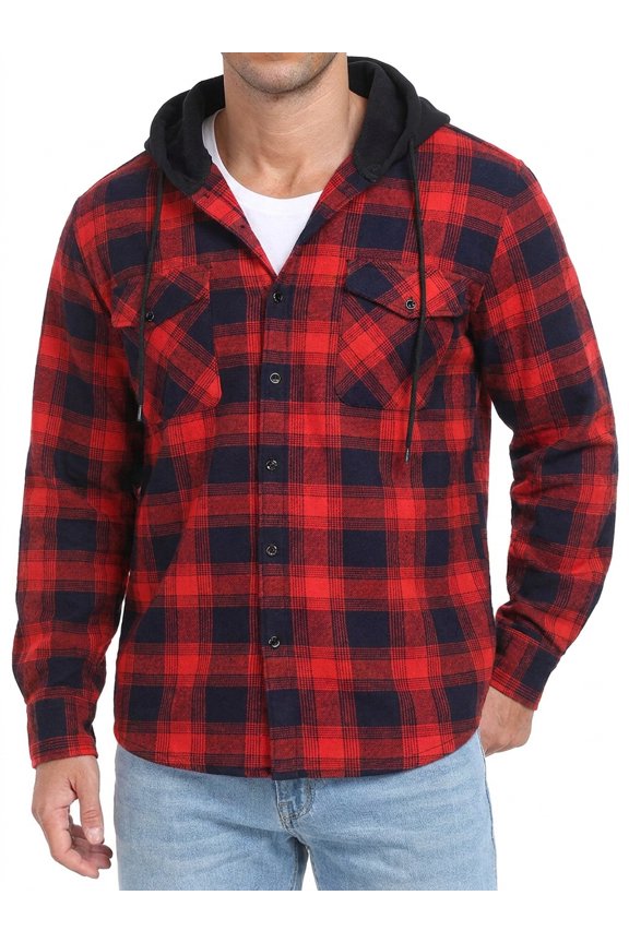 Men's Plaid Shirts Jacket Fleece Flannel Lined Long Sleeve Shirts Sherpa Button Down Coat With Hood Red Blue Plaid 3XL