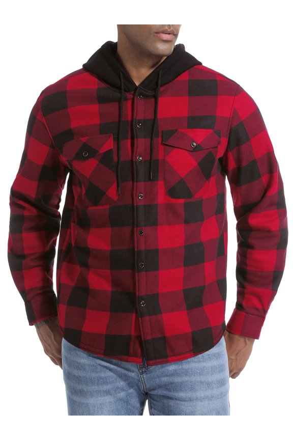 Men's Plaid Shirts Jacket Fleece Flannel Lined Long Sleeve Shirts Sherpa Button Down Coat With Hood Red S