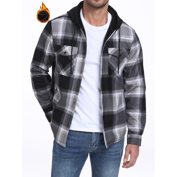 GIRUNS Men's Plaid Shirts Jacket Fleece Flannel Lined Long Sleeve Shirts Sherpa Button Down Coat With Hood Black Gray L