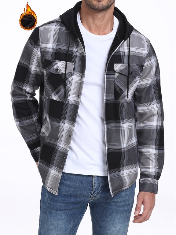Men's Plaid Shirts Jacket Fleece Flannel Lined Long Sleeve Shirts Sherpa Button Down Coat With Hood Black Gray 2XL