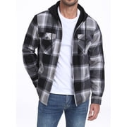 GIRUNS Men's Plaid Shirts Jacket Fleece Flannel Lined Long Sleeve Shirts Sherpa Button Down Coat With Hood Black Gray S