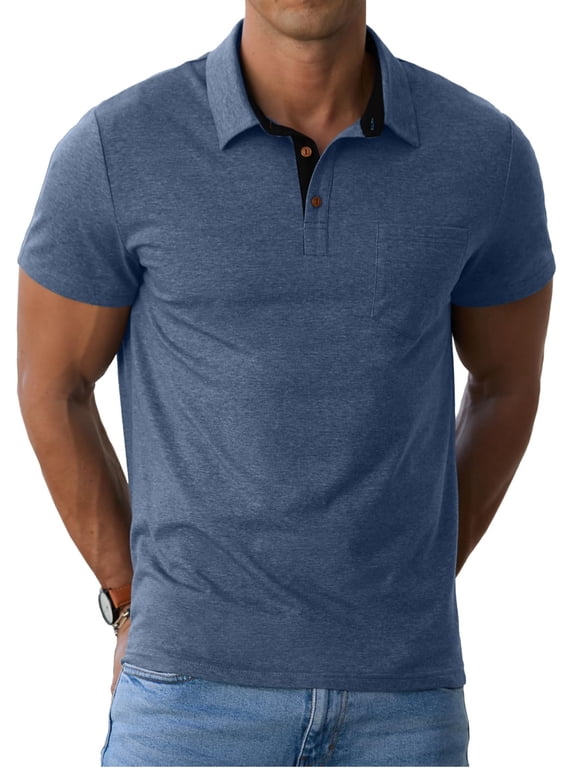 Men's Polo Shirts Short Sleeve Casual Cotton Shirts Classic Collared Shirt with Pocket Blue L