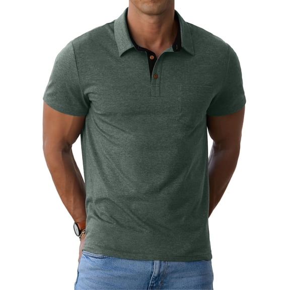 GIRUNS Men's Polo Shirts Short Sleeve Casual Cotton Shirts Classic Collared Shirt with Pocket Green M