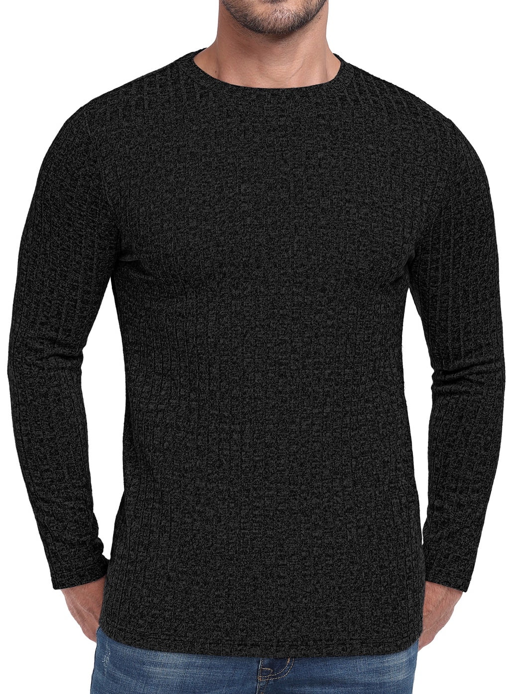 Men's Crew Neck Sweaters Rib Knit Pullover Sweater Soft Lightweight Long Sleeve Sweatshirt Black L