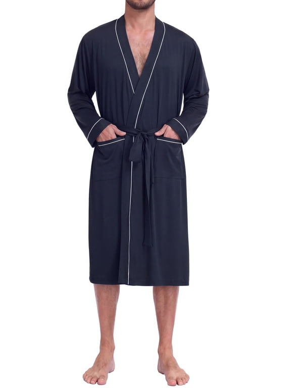Men's Robe Lightweight Breathable Bathrobe Soft Bath Robe with Deep Pockets Navy Blue L/XL