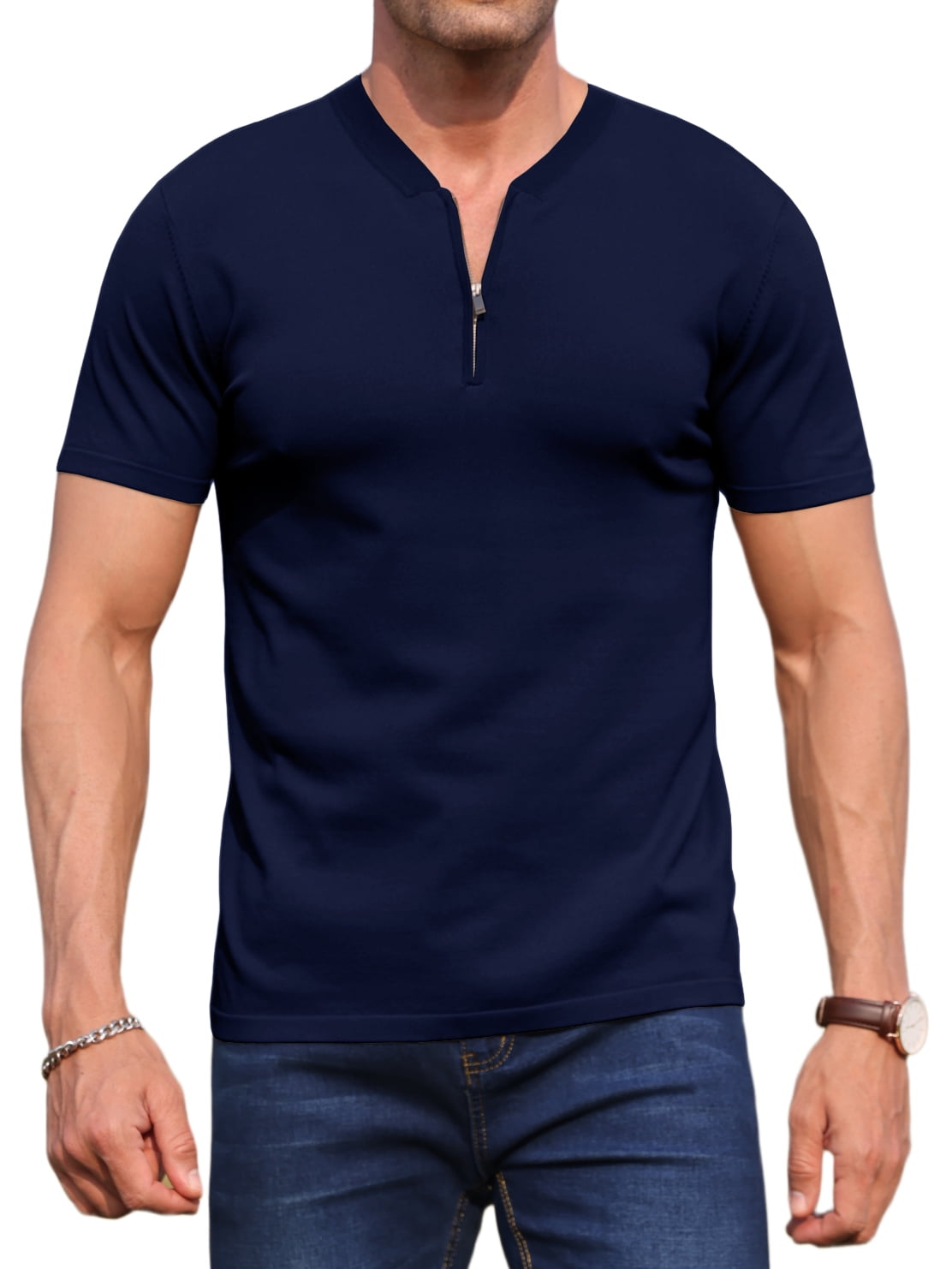 GIRUNS Men's Short Sleeve Henley Quarter Zip Knit Tee V Neck Casual