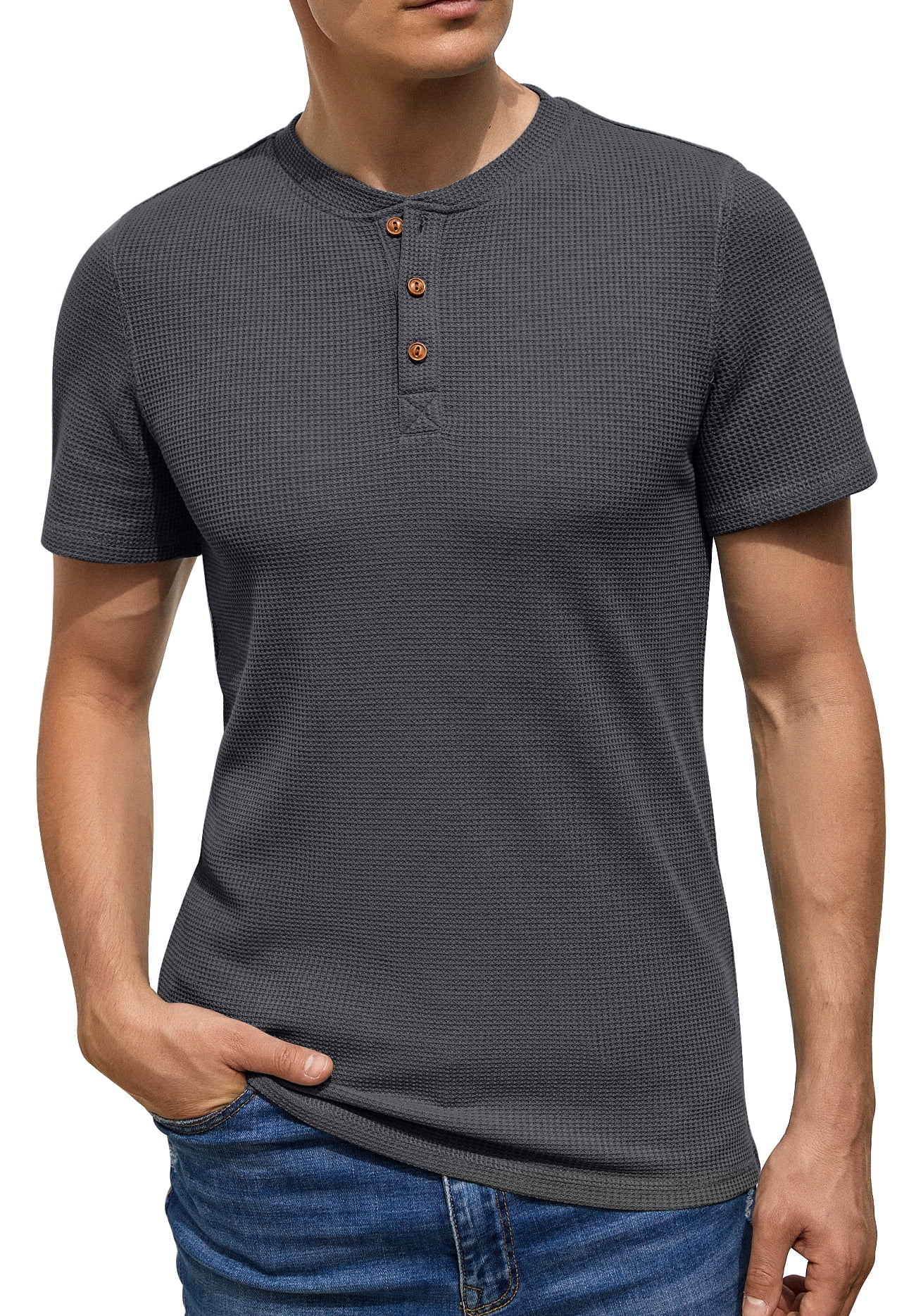 GIRUNS Men's Short Sleeve Waffle Henley Casual Henley TShirts for Men