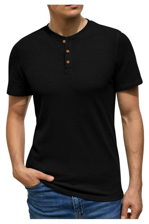Men's Short Sleeve Waffle Henley T-Shirt Summer Casual Tee For Men