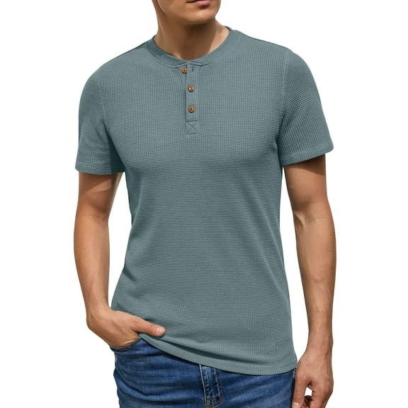 GIRUNS Men's Short Sleeve Waffle Henley T-Shirt Summer Casual Tee For Men