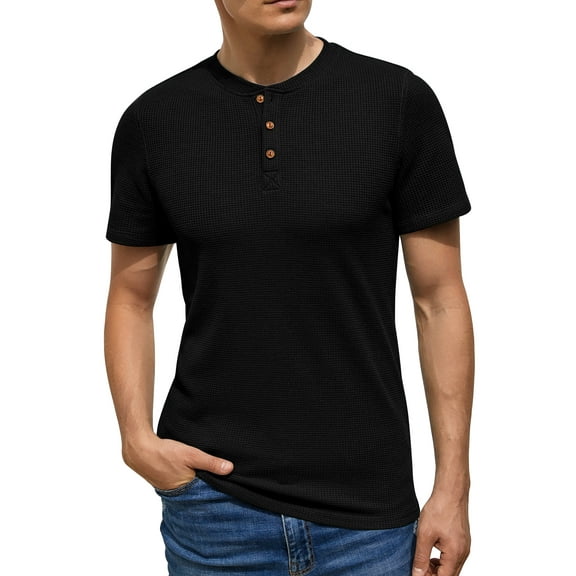 GIRUNS Men's Short Sleeve Waffle Henley T-Shirt Summer Casual Tee For Men