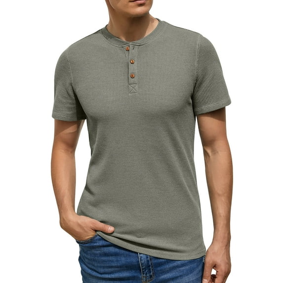 GIRUNS Men's Short Sleeve Waffle Henley T-Shirt Summer Casual Tee For Men