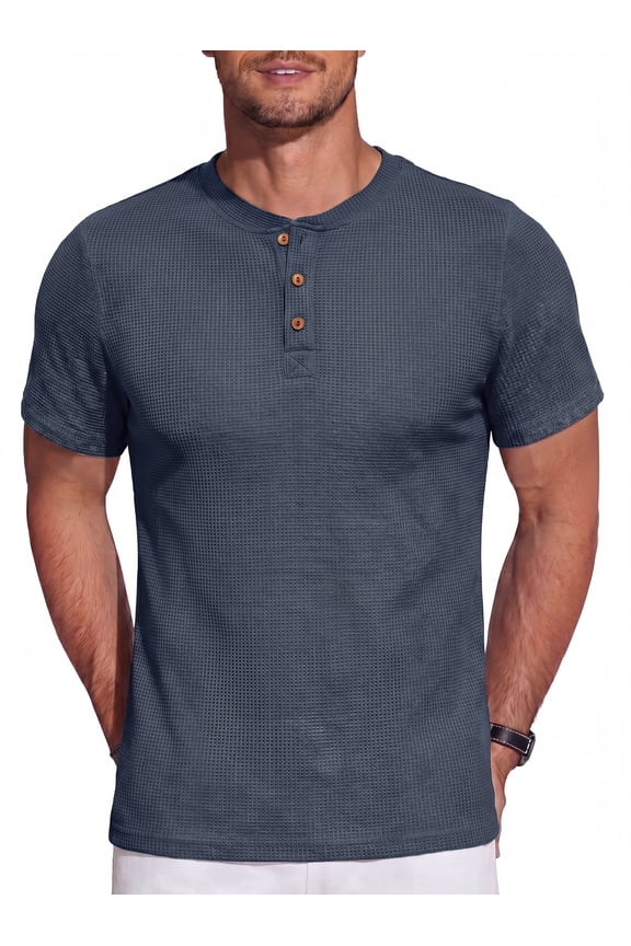 Men's Short Sleeve Waffle Henley T-Shirt Summer Casual Tee For Men