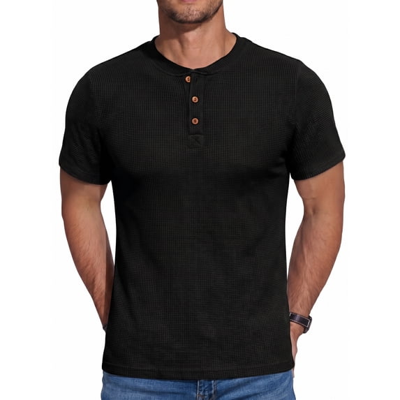 GIRUNS Men's Short Sleeve Waffle Henley T-Shirt Summer Casual Tee For Men