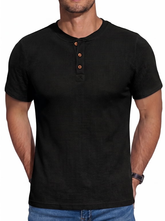 Men's Short Sleeve Waffle Henley T-Shirt Summer Casual Tee For Men