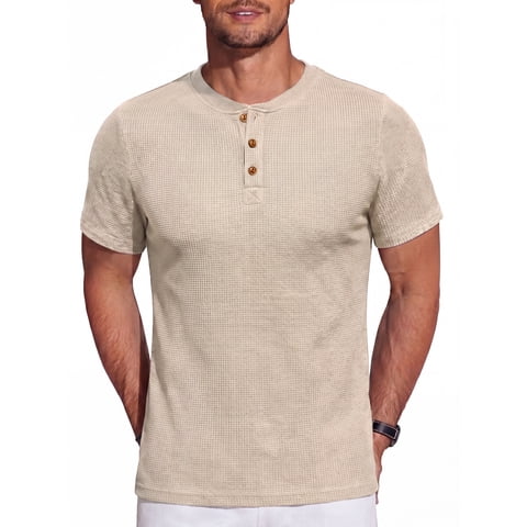 Men's Short Sleeve Waffle Henley T-Shirt Summer Casual Tee For Men